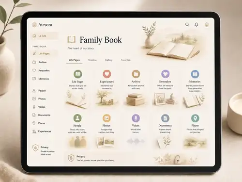 Conceptual Atesora product mockup showing the Family Book with Life Pages, Experiences, Archive, Keepsakes, Memories, People, Photos, Voices, Documents, Places, and Privacy.