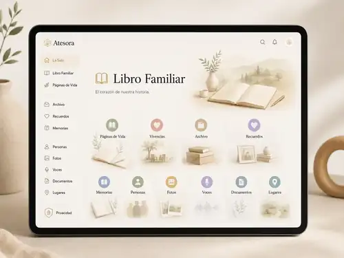 Mockup conceptual de Atesora que muestra el Libro Familiar con Páginas de Vida, Vivencias, Archivo, Recuerdos, Memorias, Personas, Fotos, Voces, Documentos, Lugares y Privacidad.